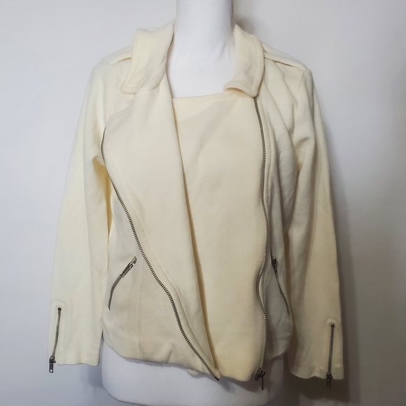 H&M Moto Knit Jacket Womens Size L Cropped Tab Shoulder Zipper Sleeve Diag Zip - Picture 7 of 15
